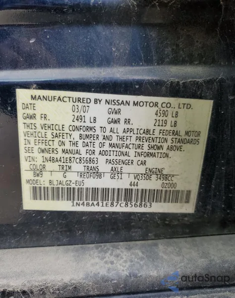 2007 Nissan Maxima Se from USA, damaged, VIN 1N4BA41E87C856863